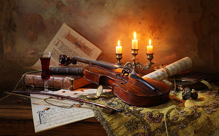 ноты, вино, скрипка, книги, свечи, смычок, натюрморт со скрипкой и свечами, HD обои