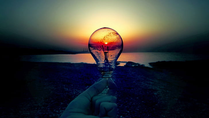 Light bulb in the sunset, clear glass bublb, photography, 1920x1080, sunset, bulb, light bulb, hanf, HD wallpaper