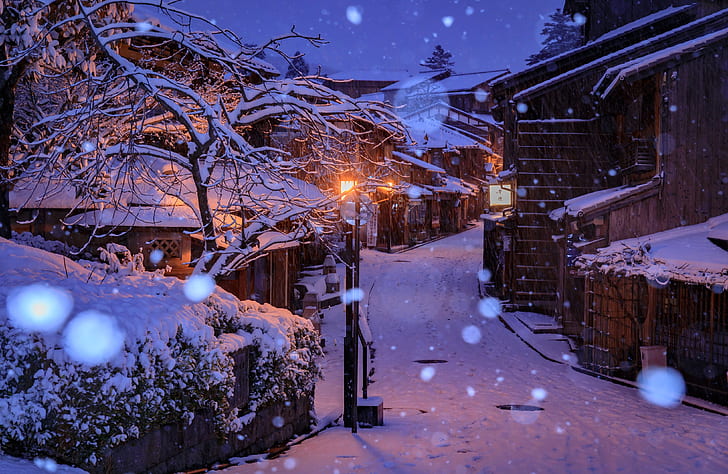winter, snow, snowflakes, lights, street, home, the evening, Japan, Kyoto, HD wallpaper