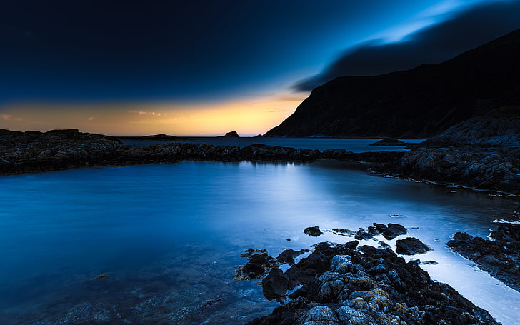 Deep Blue Night, niebieski, bremangernorway, przybrzeżne, ciemnoniebieski, długa ekspozycja, góry, natura, norwegia, ocean, fotografia, rockycoastline, pejzaż morski, zachody słońca, woda, Tapety HD