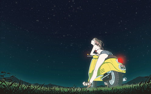 meninas anime, estrelas, FLCL, Haruhara Haruko, scooters, noite, espaço, Vespa, HD papel de parede HD wallpaper