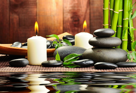 two white votive candles, water, stones, candles, bamboo, black, Spa, massage, HD wallpaper HD wallpaper