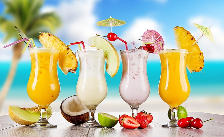 Sommercocktails, vier verschiedene Fruchtshakes, Seasons, Summer, Cocktails, lecker, HD-Hintergrundbild