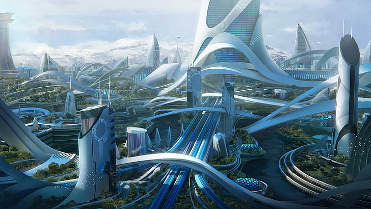 futuristisk stad, torn, byggnader, digital konst, sci-fi, fantasi, HD tapet