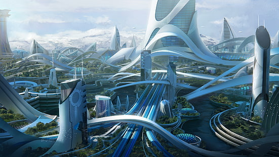 cidade futurista, torres, edifícios, arte digital, ficção científica, fantasia, HD papel de parede HD wallpaper