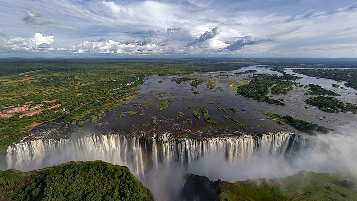 водопады и облака, озеро, водопад, деревья, пейзаж, река Замбези, водопад Виктория, HD обои