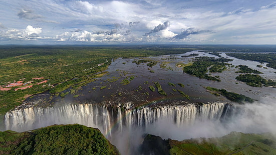 wodospady i chmury, jezioro, wodospad, drzewa, krajobraz, rzeka Zambezi, Victoria Falls, Tapety HD HD wallpaper