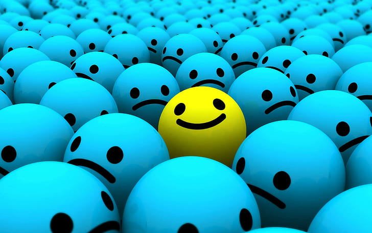 Jauhkan Tersenyum, banyak emoji biru dan kuning, lucu, terus, tersenyum, Wallpaper HD