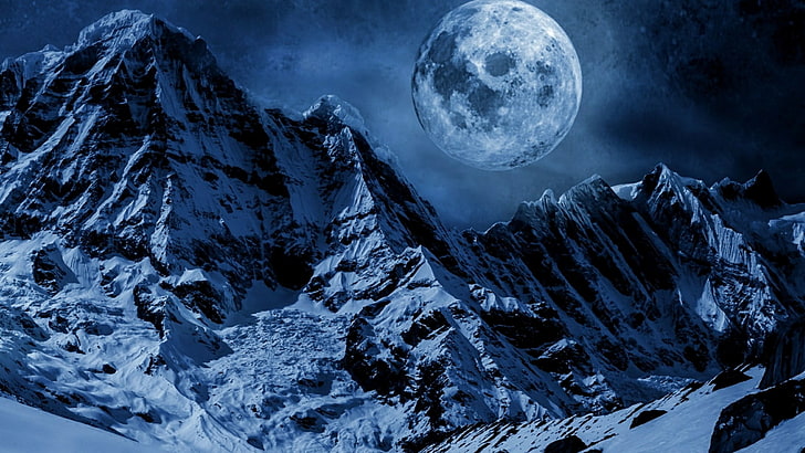 Гималаи, массив, ночь, ночное небо, пейзаж, земля, темнота, замерзание, Непал, природа, Аннапурна, суперлун, горный хребет, горные рельефы, луна, гора, полная луна, небо, HD обои