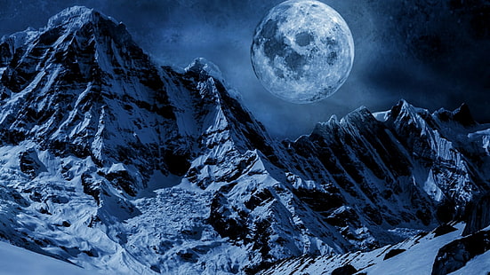 Хималаи, масив, нощ, нощно небе, пейзаж, земя, тъмнина, замръзване, Непал, природа, Анапурна, суперлуна, планинска верига, планински форми на релефа, луна, планина, пълнолуние, небе, HD тапет HD wallpaper