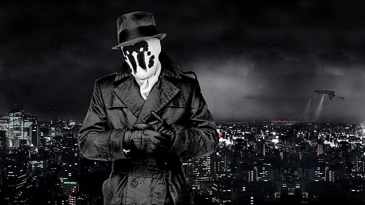 ภาพสีเทาของชายสวมเสื้อโค้ทภาพยนตร์ Watchmen ทิวทัศน์เมือง Rorschach, วอลล์เปเปอร์ HD