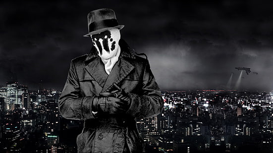 gråskalefoto av mannen som bär päls, filmer, väktare, stadsbilden, Rorschach, HD tapet HD wallpaper