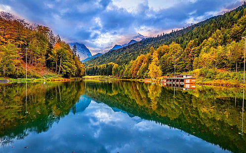 湖自然森林風景山秋反射水雲ドイツ木、 HDデスクトップの壁紙 HD wallpaper