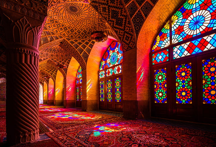 Nasir al-Mulk-moskén, moské, arkitektur, islamisk arkitektur, islam, färgrikt, målat glas, kolumn, interiör, HD tapet
