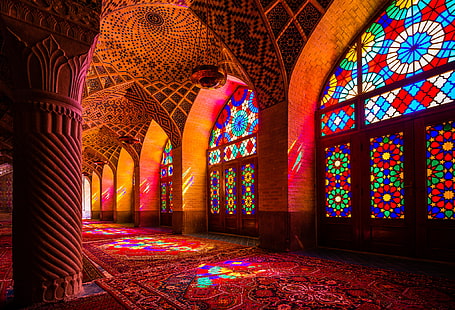 Мечеть Насир аль-Мульк, мечеть, архитектура, исламская архитектура, ислам, разноцветные, витражи, колонны, интерьер, HD обои HD wallpaper