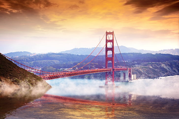 Мост на Златната порта, Фантастика, Фантастика, Затворен, Reverie, Мостът на Златната порта, брегова линия, крайбрежие, вода, отражение, фотография, ивици, облаци, Светлина, абстрактно, силует, небе, океан, nikon D4, дневна светлина, на открито, Сан Франциско златен Порта, мост Golden Gate, залив, концептуален, боке, размазване, изригваща звезда, цвят на звездата, спокойна, растение, дълбочина, поле, зеленина, листен модел, органичен, ярък, неутрална плътност, слънчева светлина, експозиция, град, градски, птици, Златната порта на Сан Франциско, мъгла, залез, изгрев, известно място, мост - направена от човека конструкция, окачен мост, Калифорния, САЩ, окръг Сан Франциско, живопис, пътуване, пейзаж, архитектура, на открито, HD тапет