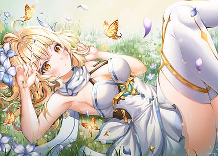 Anime Mädchen, Genshin Impact, Lumine (Genshin Impact), blond, Strümpfe, HD-Hintergrundbild HD wallpaper