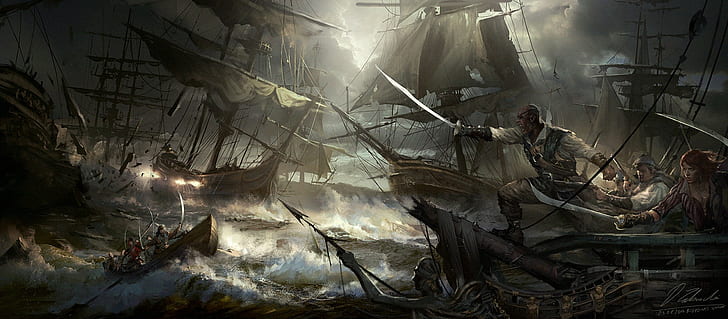 ilustraciones, velero, piratas, Darek Zabrocki, Fondo de pantalla HD