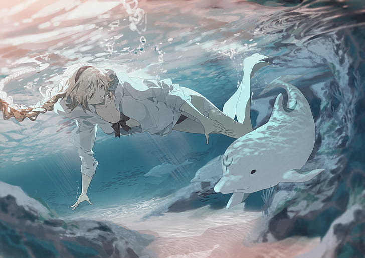 dolphin, underwater, water, bubbles, Fate/Grand Order, Jeanne d'Arc, swimming, coral reef, smiling, jacket, braided hair, hair band, HD wallpaper