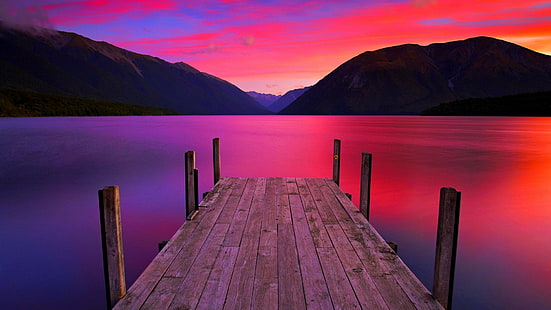 Molo sul lago, montagna, lago, molo, bellezza naturale, tramonto, liscio, natura e paesaggi, Sfondo HD HD wallpaper
