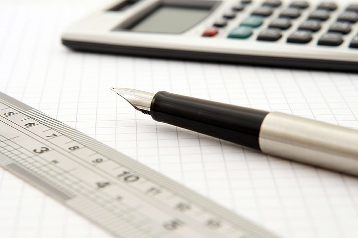 calculator, close up, fountain pen, paper, pen, ruler, HD wallpaper