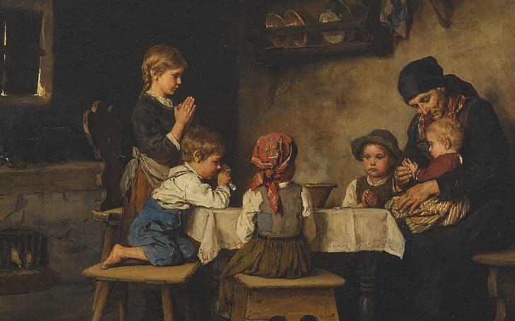 Modlitwa, malarz austriacki, olej na płótnie, Franz von Defregger, Modlitwa, Modlitwa przy stole, Franz Defregger, Tapety HD