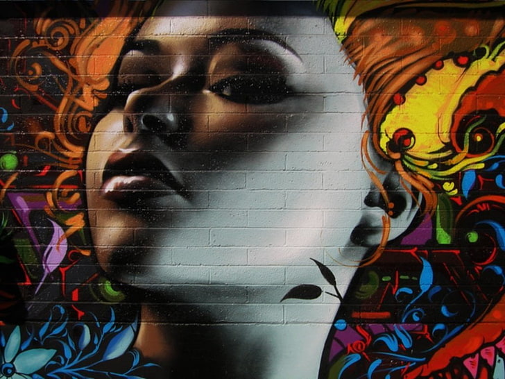Frauengesichtsbemalung, Künstlerisch, Graffiti, Backstein, Gesicht, Wand, Frau, HD-Hintergrundbild