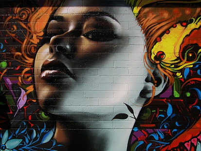 рисуване на лице на жена, художествена, графити, тухла, лице, стена, жена, HD тапет HD wallpaper