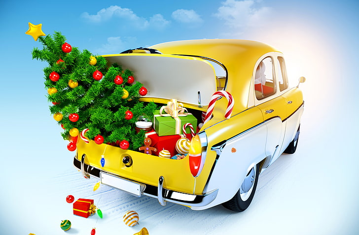 yellow and white car, snow, decoration, balls, toys, tree, doll, gifts, sweets, taxi, toy, New Year, christmas tree, dolls, classic car, ornaments, merry Christmas, modern Santa Claus, Santa's Sleigh, HD wallpaper