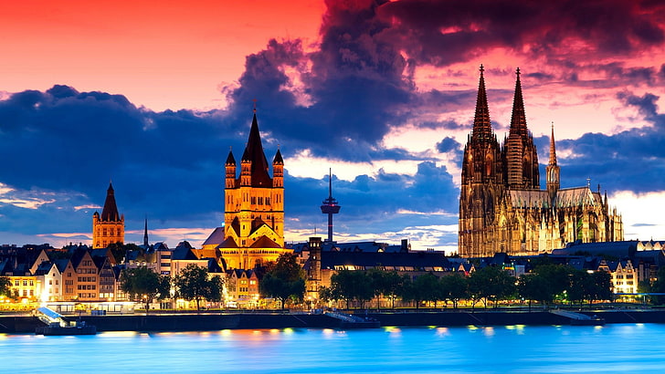 Köln, Tyskland, arkitektur, gotisk arkitektur, solnedgång, stad, HD tapet