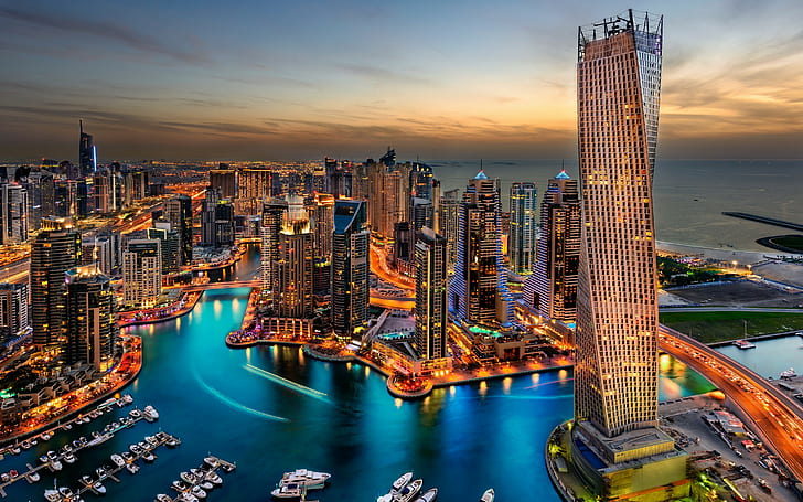Небоскребы Дубая, Дубай, город, небоскребы, здания, гостиница, путешествия, ночь, огни, великолепие, арабские эмираты, гавань, HD обои