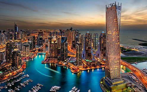 ドバイの高層ビル、ドバイ、都市、高層ビル、建物、ホテル、旅行、夜、ライト、素晴らしさ、アラブ首長国連邦、港、 HDデスクトップの壁紙 HD wallpaper