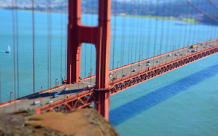 Golden Gate, San Francisco, brązowy most w ciągu dnia, tilt shift, Golden Gate Bridge, most, architektura, San Francisco, USA, Tapety HD
