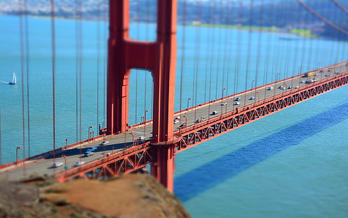 Golden Gate, San Francisco, brązowy most w ciągu dnia, tilt shift, Golden Gate Bridge, most, architektura, San Francisco, USA, Tapety HD HD wallpaper