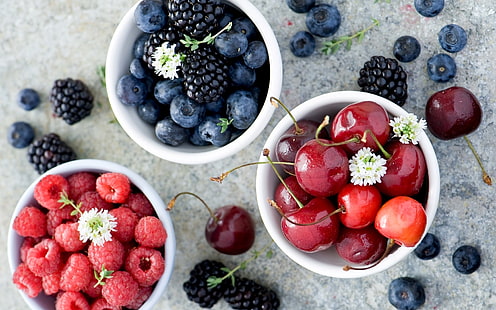 Sweet fruit, blackberries, blueberries, raspberries, cherries, Sweet, Fruit, Blackberries, Blueberries, Raspberries, Cherries, HD wallpaper HD wallpaper