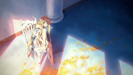 желтоволосая женщина аниме иллюстрация персонажа, Юки Тацуя, оригинальные персонажи, блондинка, голубые глаза, платье, перчатки, длинные волосы, стул, аниме, аниме девушки, HD обои HD wallpaper