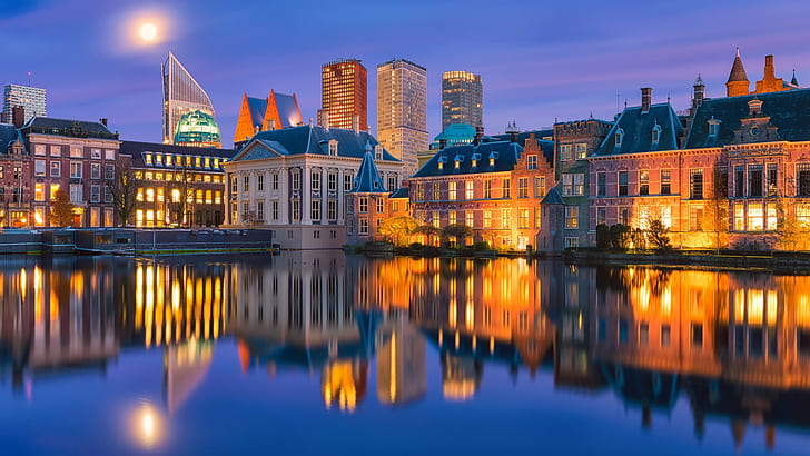 architecture, building, city, cityscape, Haag, Netherlands, river, water, reflection, house, old building, night, evening, lights, trees, skyscraper, Moon, moonlight, clouds, HD wallpaper