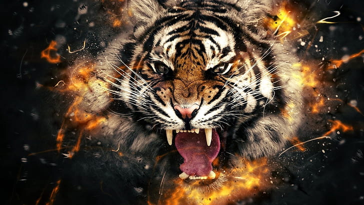 тигр, млекопитающее, большая кошка, живая природа, рев, фэнтези, цифровое искусство, HD обои