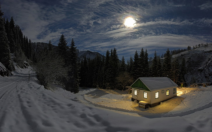 white house under full moon, lodge, light, moon, privacy, mountains, snow, road, HD wallpaper