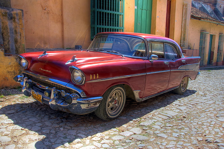 red sedan, chevrolet, old, retro, cars, car, cuba, havana, HD wallpaper
