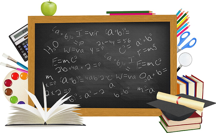 brown wooden blackboard, board, school, formula, toiletries, white background, HD wallpaper