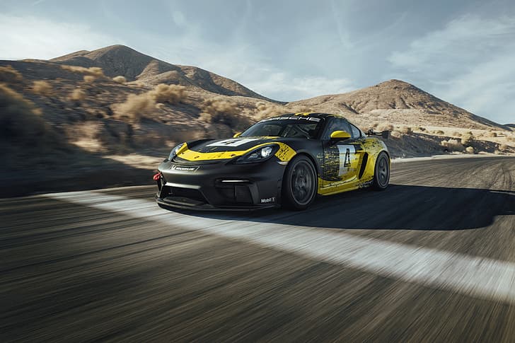 mountains, coupe, track, Porsche, Cayman, 718, 2019, black-yellow, GT4 Clubsport, HD wallpaper