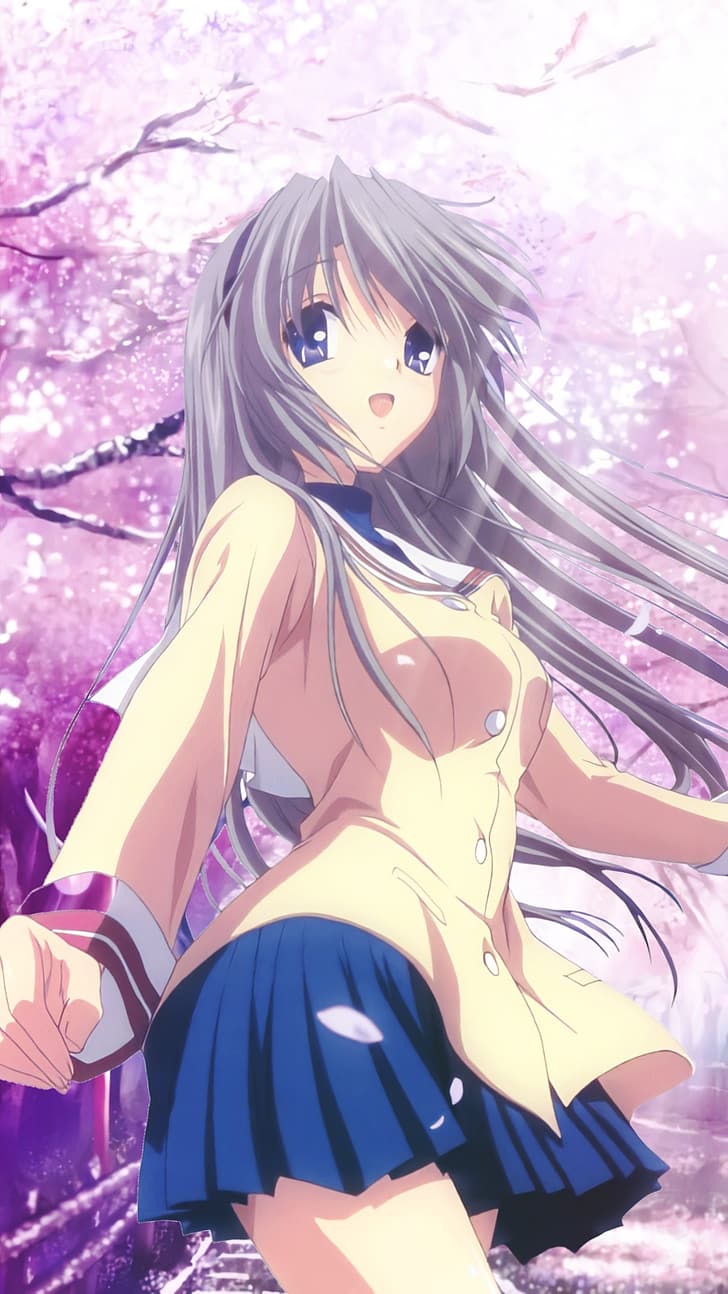 anime, anime girls, waifu2x, Sakura blossom, Sakagami Tomoyo, Clannad, phone, HD wallpaper