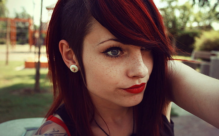 redhead, lipstick, women, teen, sidecut, HD wallpaper