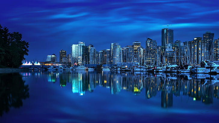 blue, bluish, coal harbour, vancouver, british columbia, canada, horizon, downtown, dusk, night, cityscape, skyscraper, north america, sky, water, metropolis, skyline, metropolitan area, city, reflection, HD wallpaper