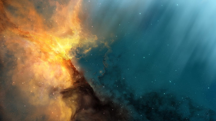 วอลล์เปเปอร์เมฆจักรวาลสีเหลืองและสีฟ้ากาแล็กซี่อวกาศดวงดาวศิลปะอวกาศศิลปะดิจิทัล, วอลล์เปเปอร์ HD