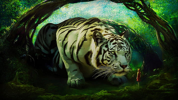 digital art, women, tiger, forest, giant, fantasy art, illustration, HD wallpaper