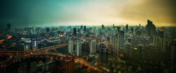 gratte-ciel gris, photographie aérienne de bâtiments pendant la journée, tilt shift, ville, profondeur de champ, Fond d'écran HD
