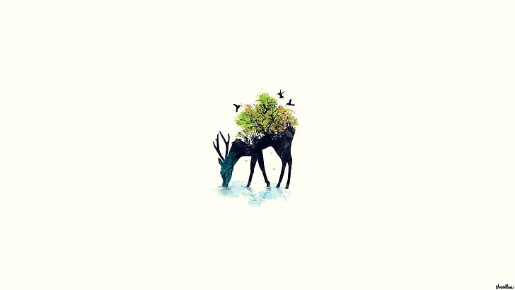 иллюстрация зеленого дерева, олень, минимализм, природа, животные, произведения искусства, HD обои