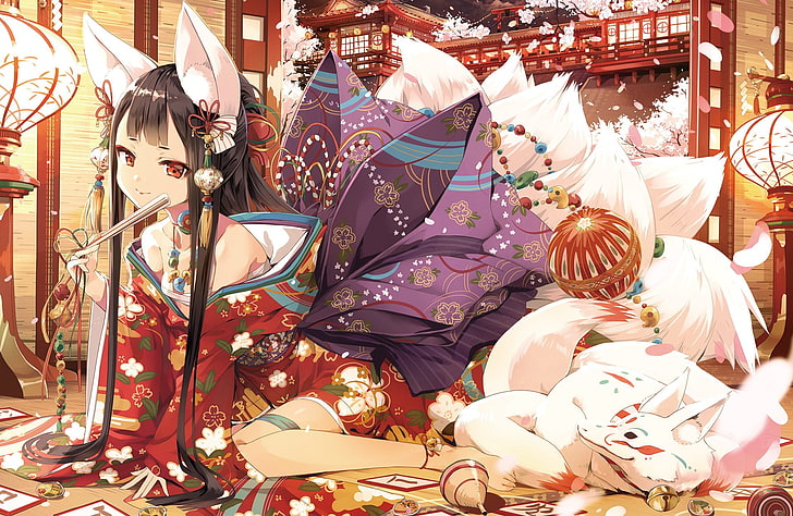 Anime, Gadis, Telinga Hewan, Rambut Hitam, Pakaian Jepang, Kitsune, Mata Merah, Wallpaper HD